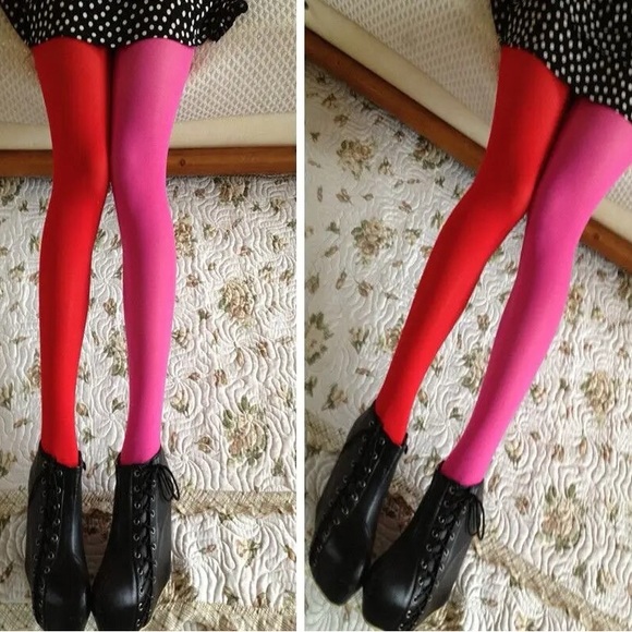 NWT two color hot pink RED stockings one hue each leg fun tights thick tights OS - Picture 1 of 11